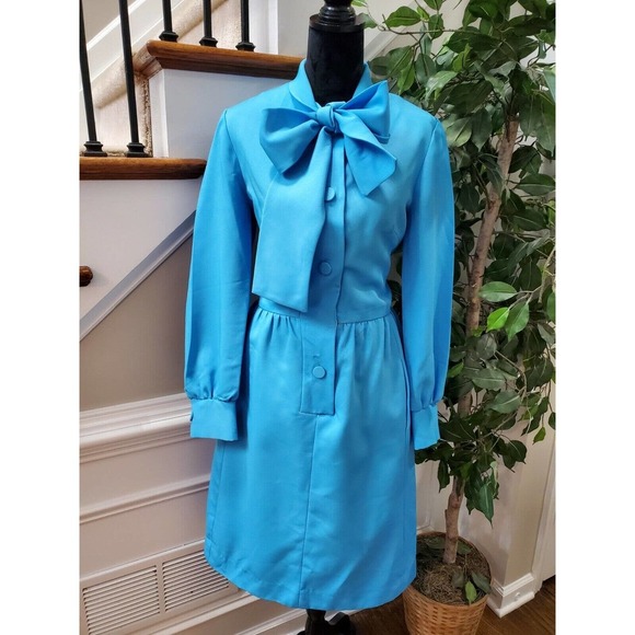 VTG Misscontinental Blue Polyester Long Sleeve Buttons Front Knee Length Dress - Picture 12 of 12